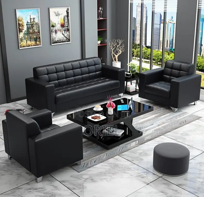 Office Sofa : Five Seater Executive Office Sofa Black Leather