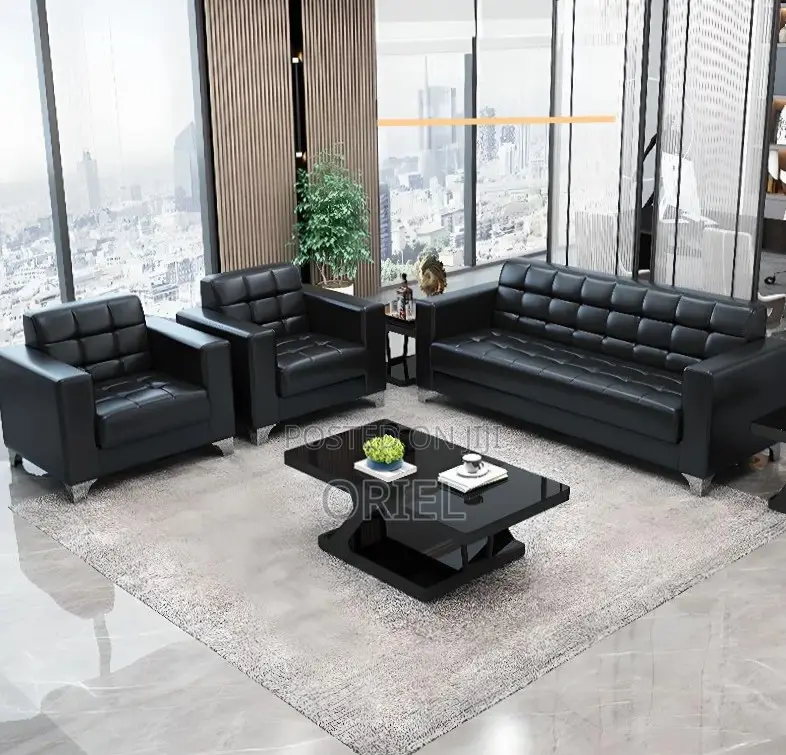 Office Sofa : Five Seater Executive Office Sofa Black Leather
