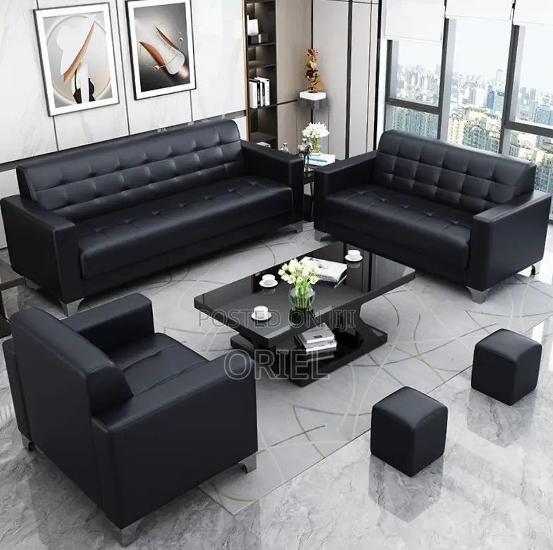 Office Sofa : Five Seater Executive Office Sofa Black Leather