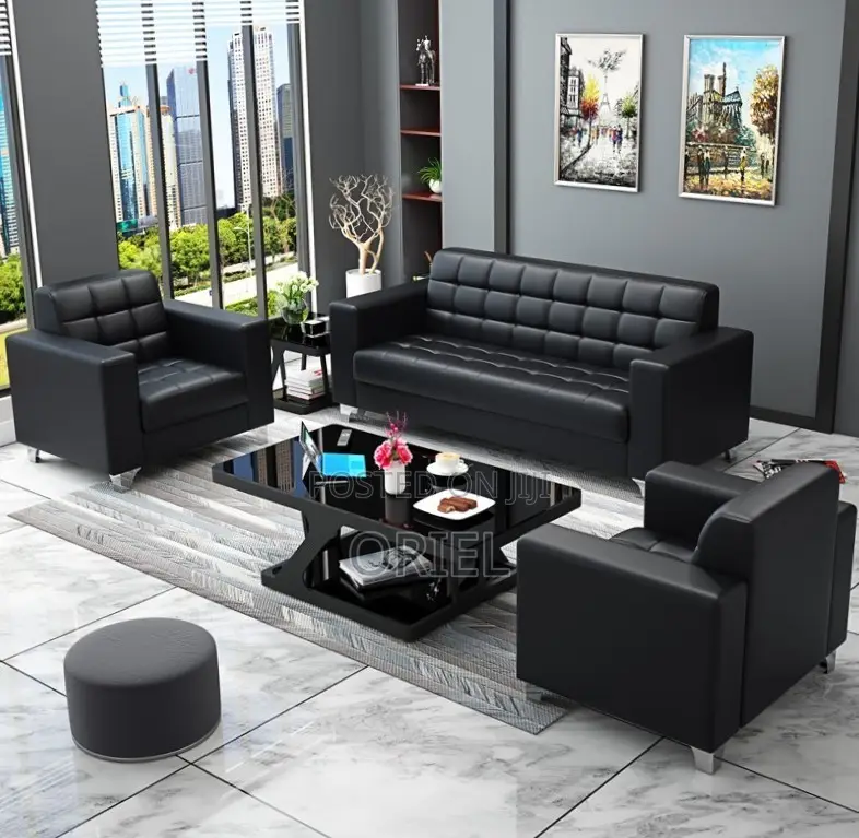 Office Sofa : Five Seater Executive Office Sofa Black Leather