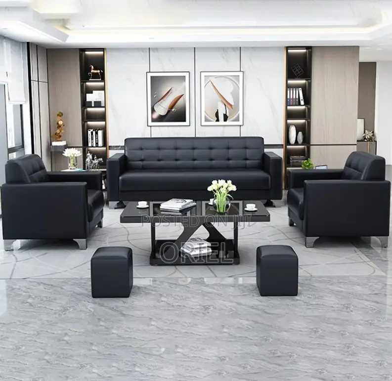 Office Sofa : Five Seater Executive Office Sofa Black Leather