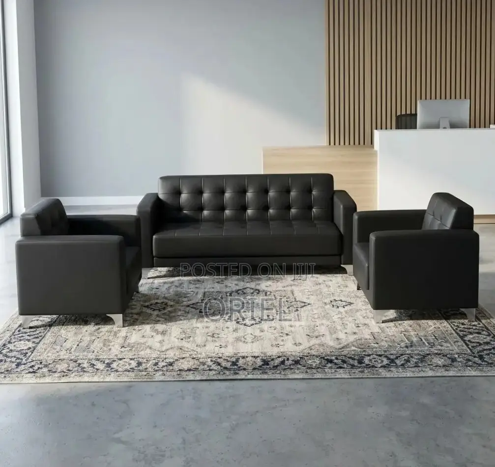 Office Sofa : Five Seater Executive Office Sofa Black Leather