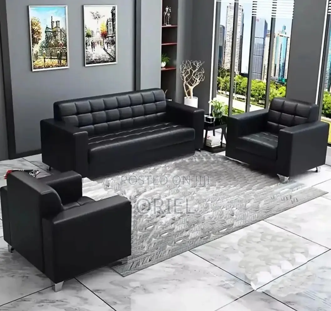 Office Sofa : Five Seater Executive Office Sofa Black Leather