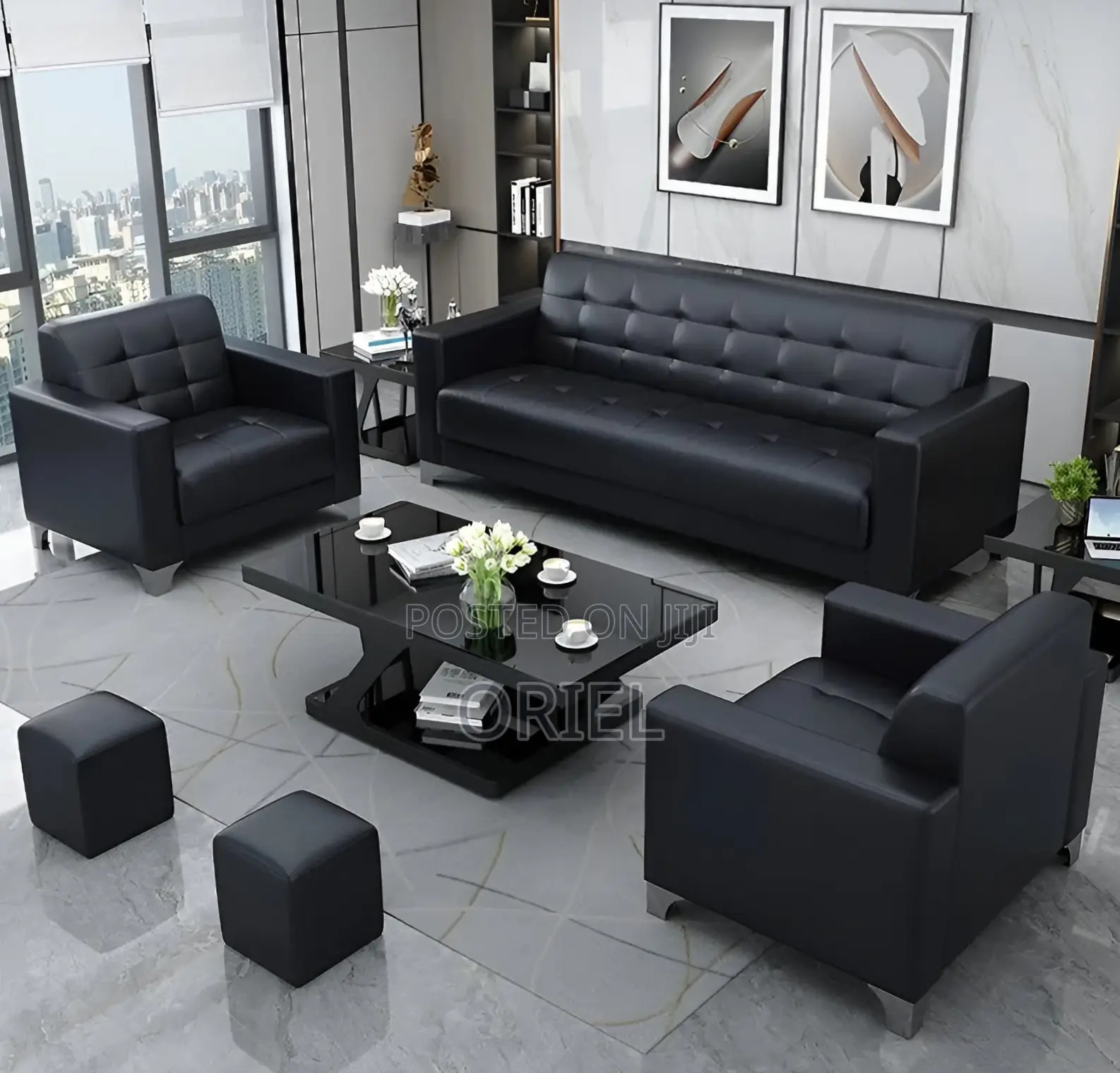 Office Sofa : Five Seater Executive Office Sofa Black Leather