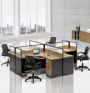 Workstation; Brown Curved 4 Way Computer Workstation Desk