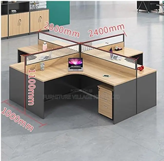 Workstation; Brown Curved 4 Way Computer Workstation Desk