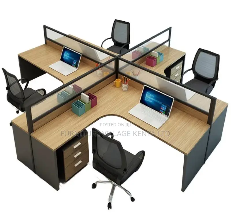 Workstation; Brown Curved 4 Way Computer Workstation Desk