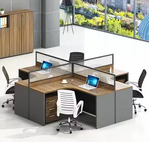 Workstation; Brown Curved 4 Way Computer Workstation Desk