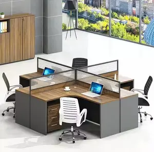 Workstation; Brown Curved 4 Way Computer Workstation Desk