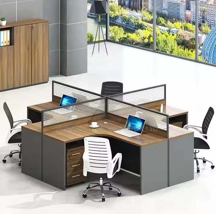 Workstation; Brown Curved 4 Way Computer Workstation Desk