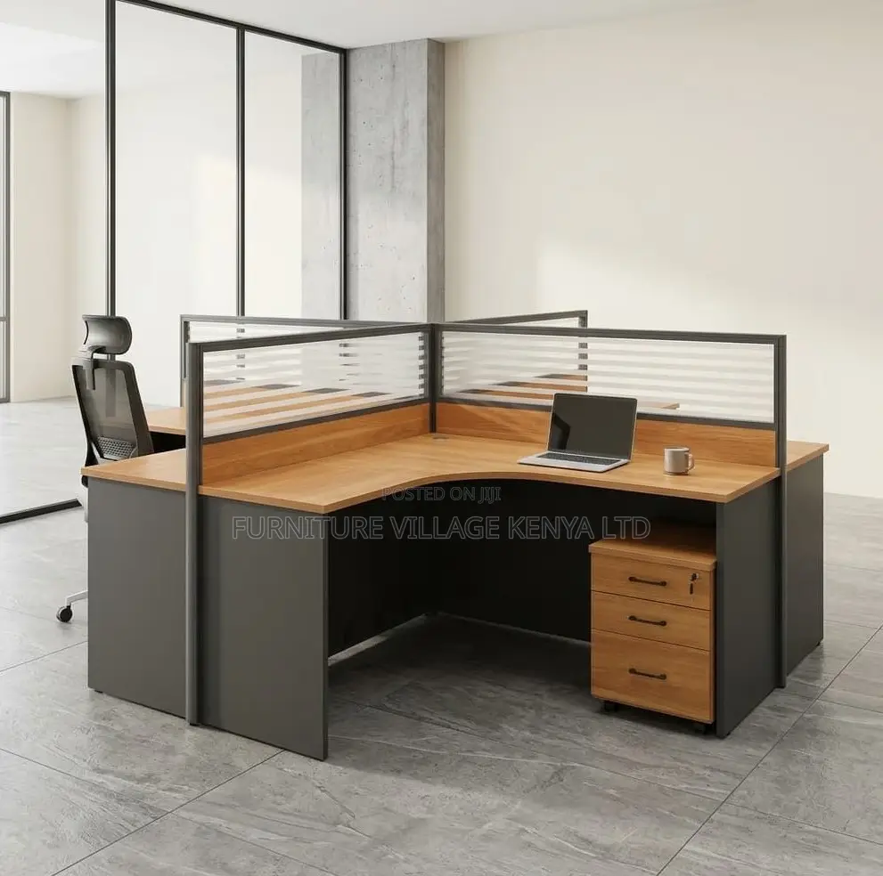 Workstation; Brown Curved 4 Way Computer Workstation Desk