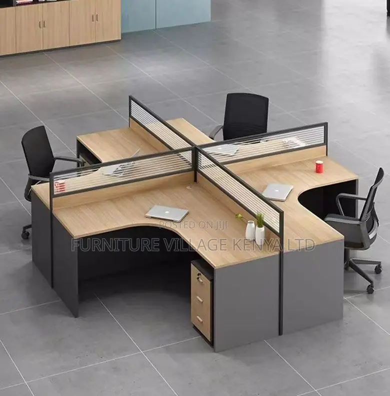 Workstation; Brown Curved 4 Way Computer Workstation Desk