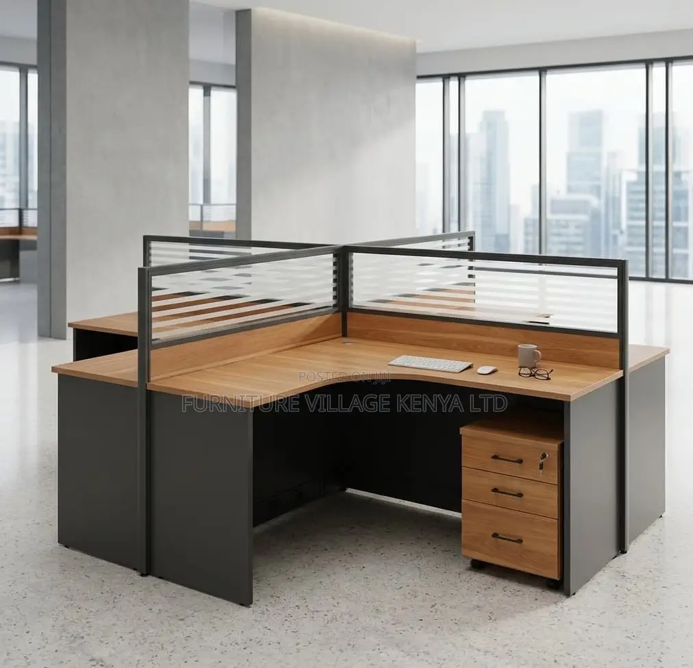 Workstation; Brown Curved 4 Way Computer Workstation Desk