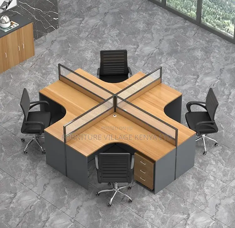 Workstation; Brown Curved 4 Way Computer Workstation Desk