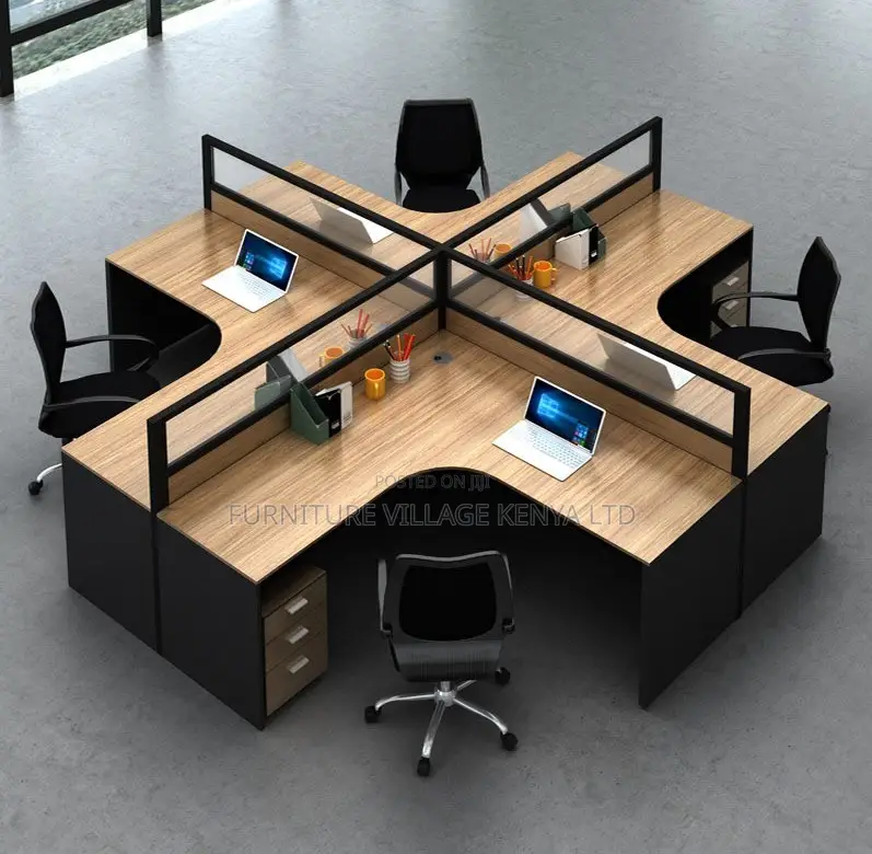 Workstation; Brown Curved 4 Way Computer Workstation Desk