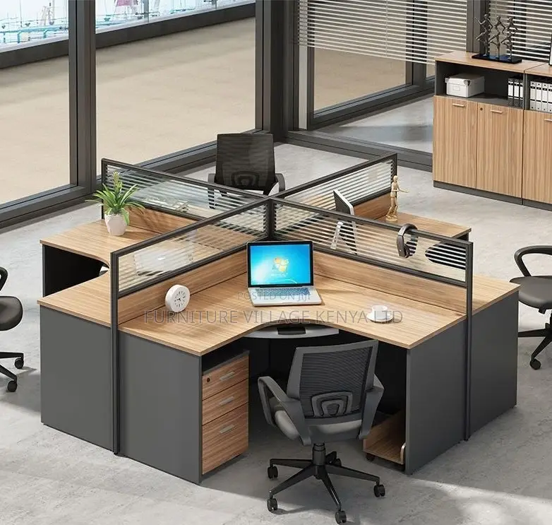 Workstation; Brown Curved 4 Way Computer Workstation Desk