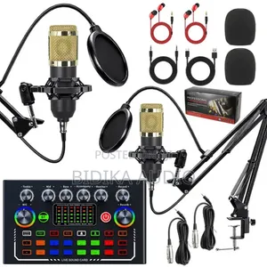 Dual Podcast Microphone Kit With Live Sound Card Audio Mixer Bundle