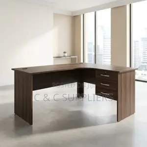 Curved Brown Study Desk With Drawers.