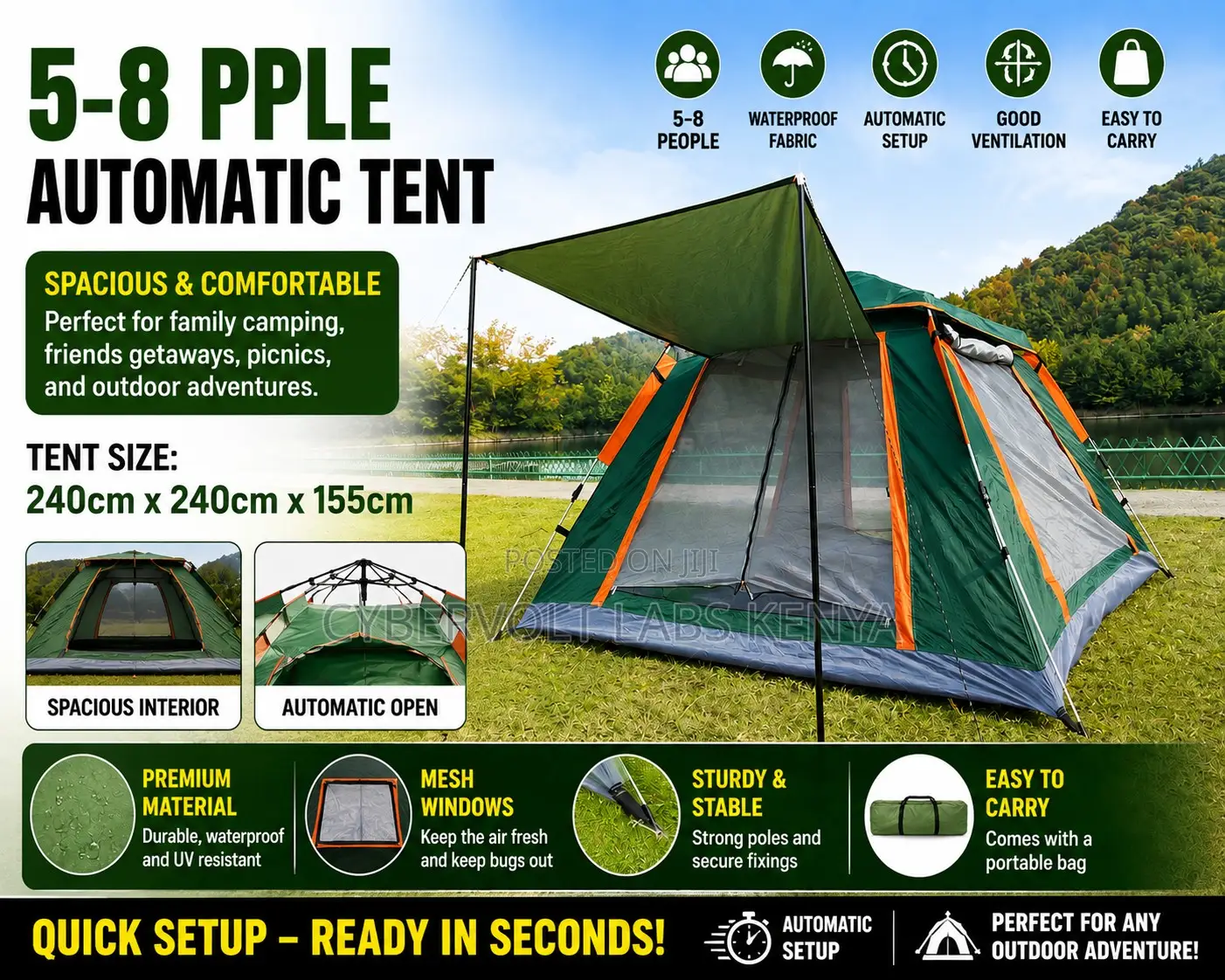 5-8 Person Automatic Camping Tent 240x240x155cm