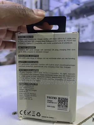 Original Tecno 18W Fast Charger (Model U180TKB) With Type C Cable