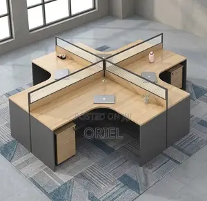 Office Workstation : 4-Person L-Shaped Curved Office Workstation