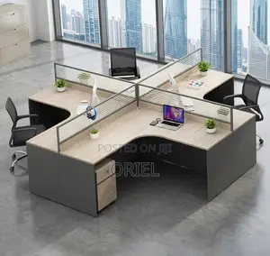 Office Workstation : 4-Person L-Shaped Curved Office Workstation