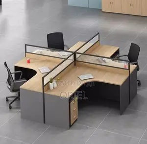 Office Workstation : 4-Person L-Shaped Curved Office Workstation