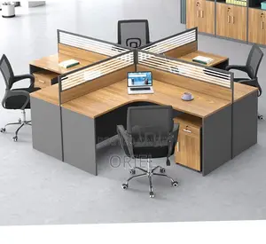 Office Workstation : 4-Person L-Shaped Curved Office Workstation