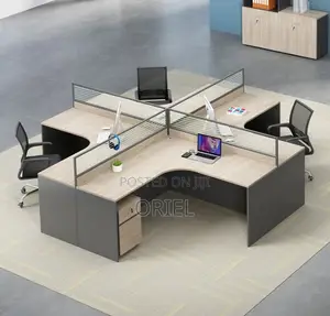 Office Workstation : 4-Person L-Shaped Curved Office Workstation