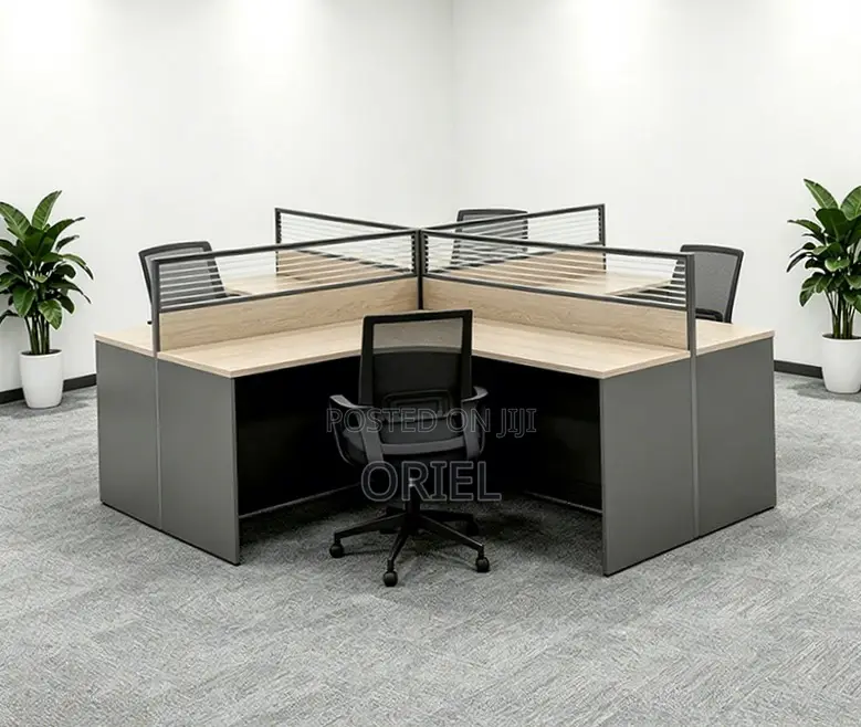 Office Workstation : 4-Person L-Shaped Curved Office Workstation