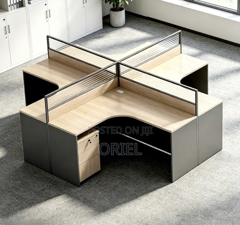 Office Workstation : 4-Person L-Shaped Curved Office Workstation