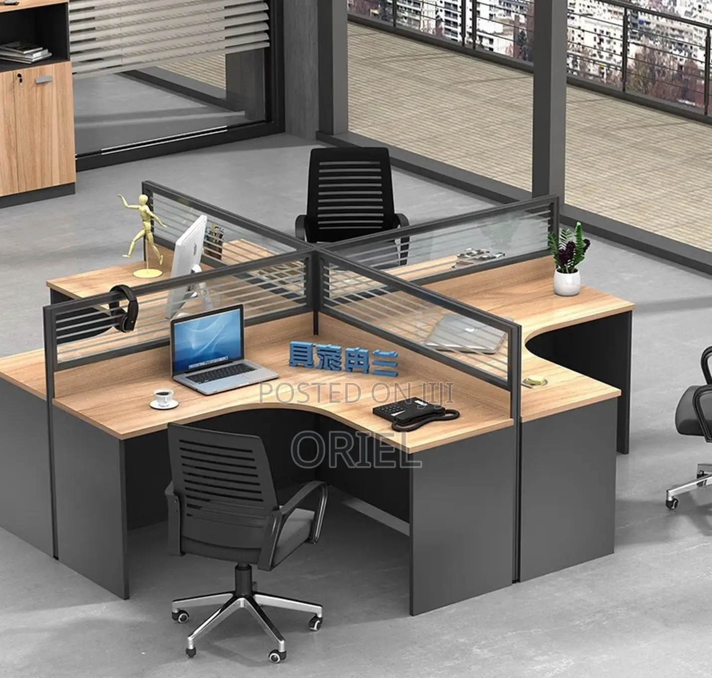 Office Workstation : 4-Person L-Shaped Curved Office Workstation