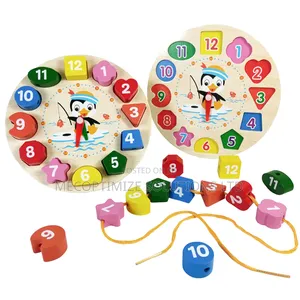 Montessori Wooden Shape Sorter Clock 3 Time Puzzle Thread Lacing Toy