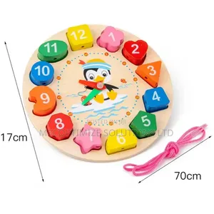 Montessori Wooden Shape Sorter Clock 3 Time Puzzle Thread Lacing Toy