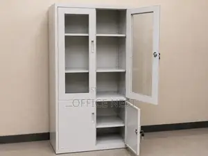 Steel Storage Cabinet With Glass Doors Lockable Shelves