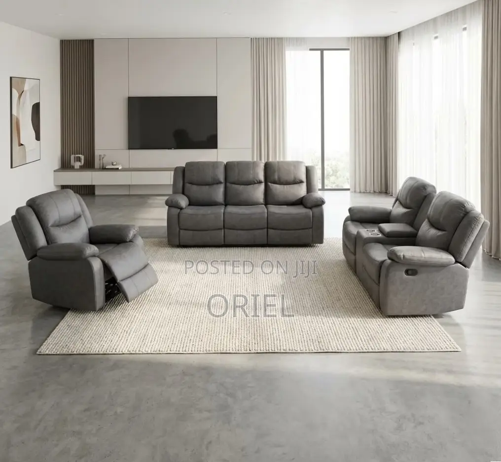 Office Sofa : 6-Seater Grey Fabric Recliner Set