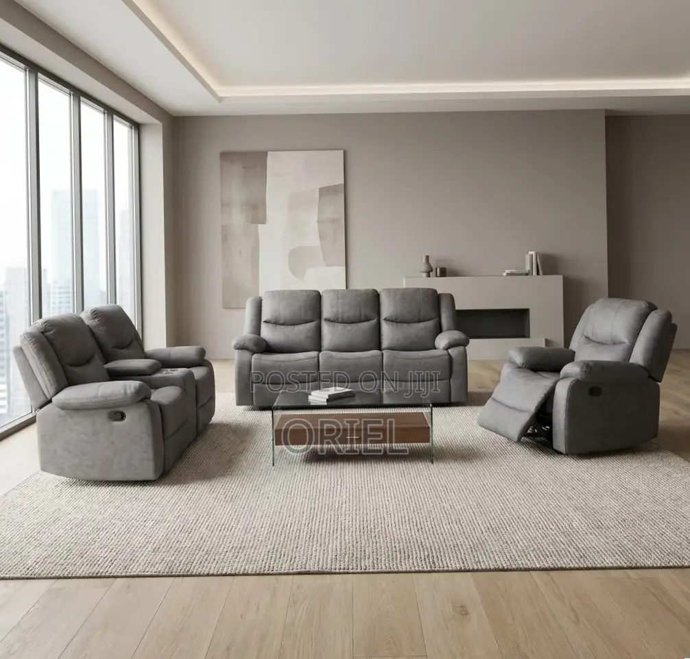 Office Sofa : 6-Seater Grey Fabric Recliner Set