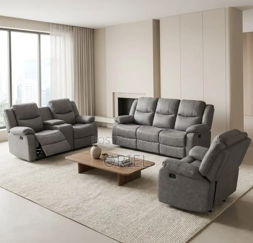 Office Sofa : 6-Seater Grey Fabric Recliner Set
