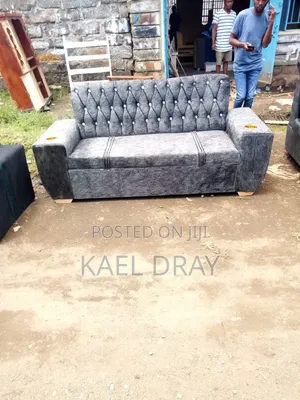 Grey Diamond-Tufted Sofa With Crystal Buttons Cup Holders