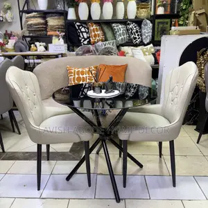 Black Round Tempered Glass Table 2 Beige Leather Chairs