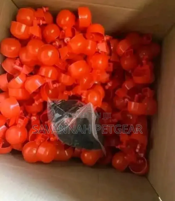 Red Plastic Automatic Poultry Drinking Cups Fitted Onto a Bucket