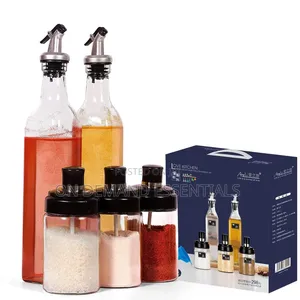 Glass 5pc Kitchen Set 2x600ml Oil Bottle N 3x200ml Seasoning Jars