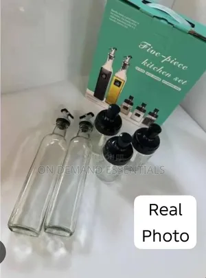 Glass 5pc Kitchen Set 2x600ml Oil Bottle N 3x200ml Seasoning Jars
