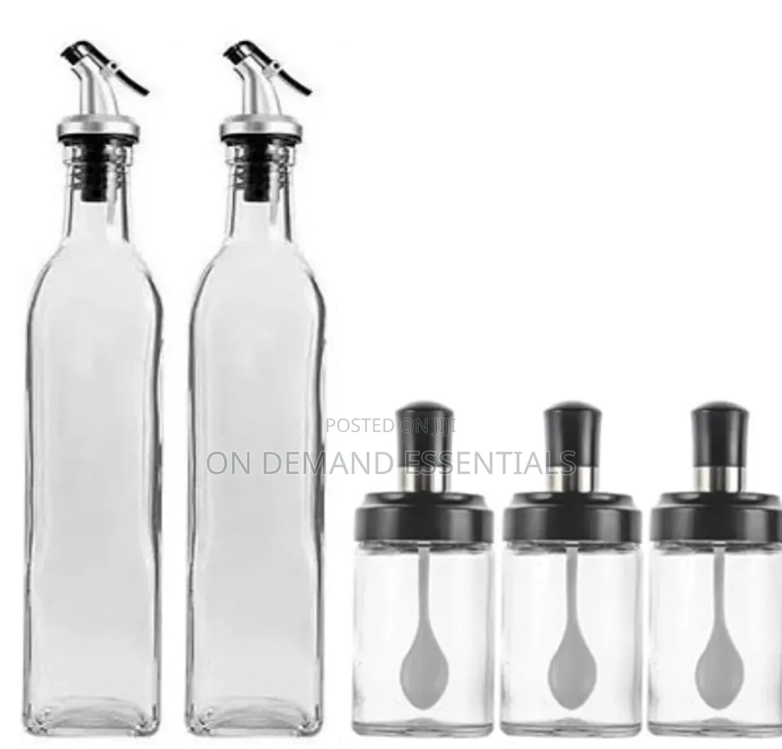 Glass 5pc Kitchen Set 2x600ml Oil Bottle N 3x200ml Seasoning Jars