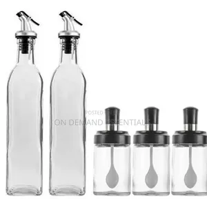 Glass 5pc Kitchen Set 2x600ml Oil Bottle N 3x200ml Seasoning Jars