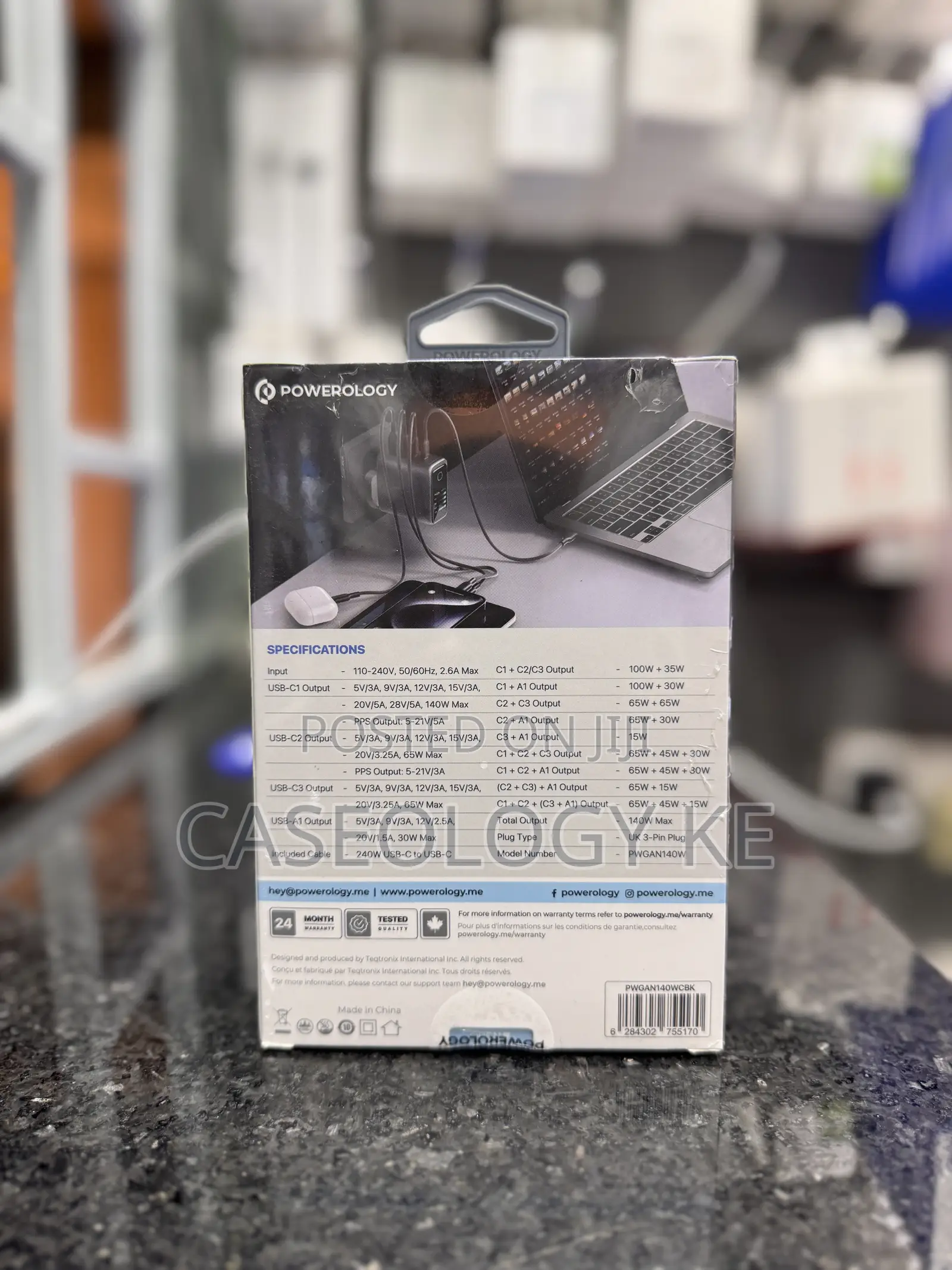 Powerology 140W Power Adapter With 4 Ports and 240W C-C Cable