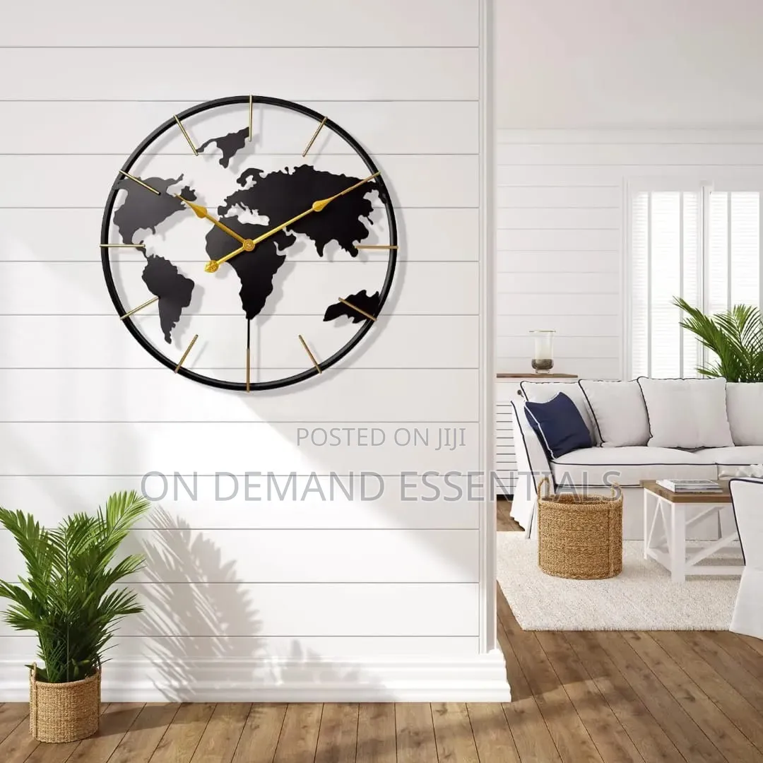 60cm Metal World Map Wall Clock Decoration