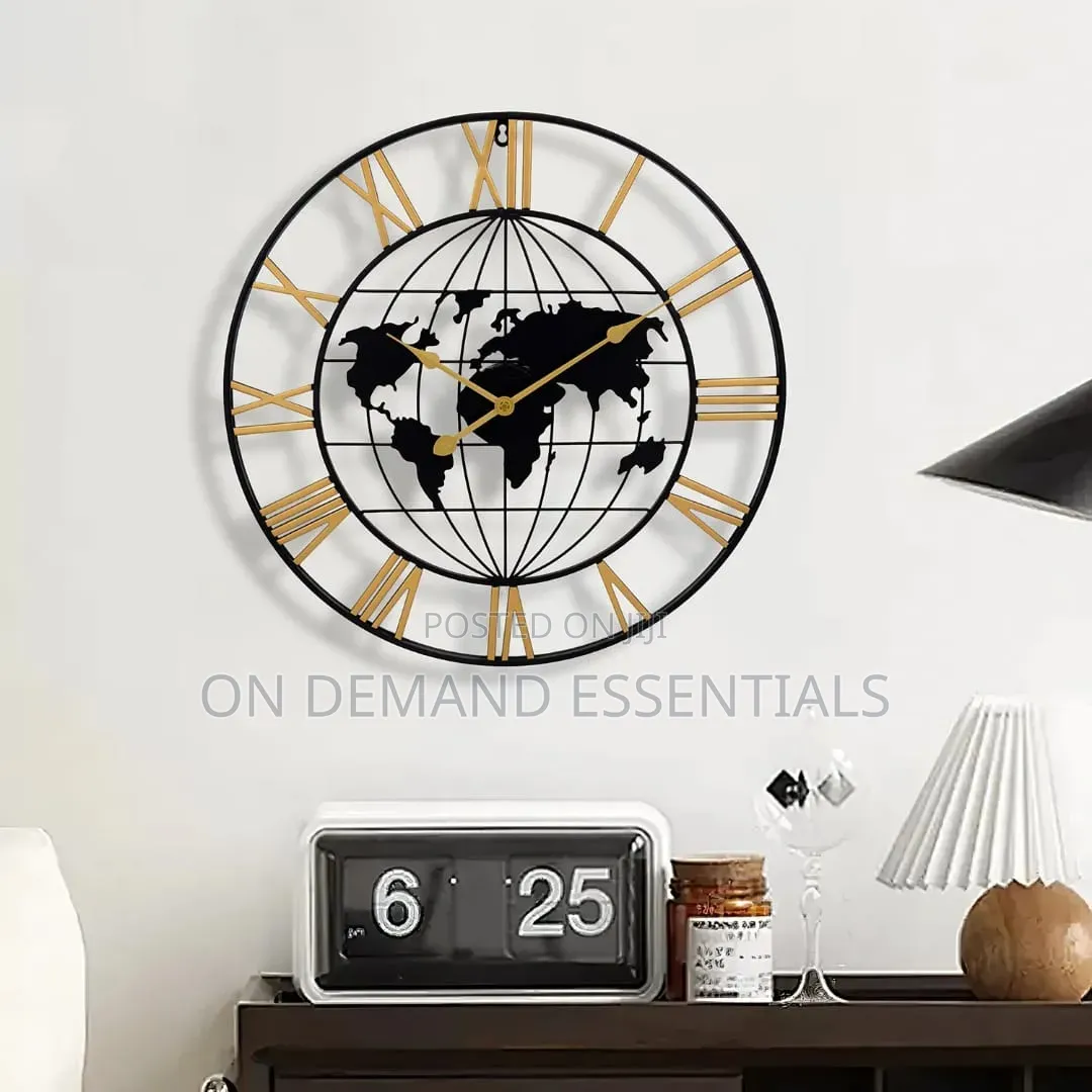 60cm Roman Numerals Metallic World Map Wall Clock