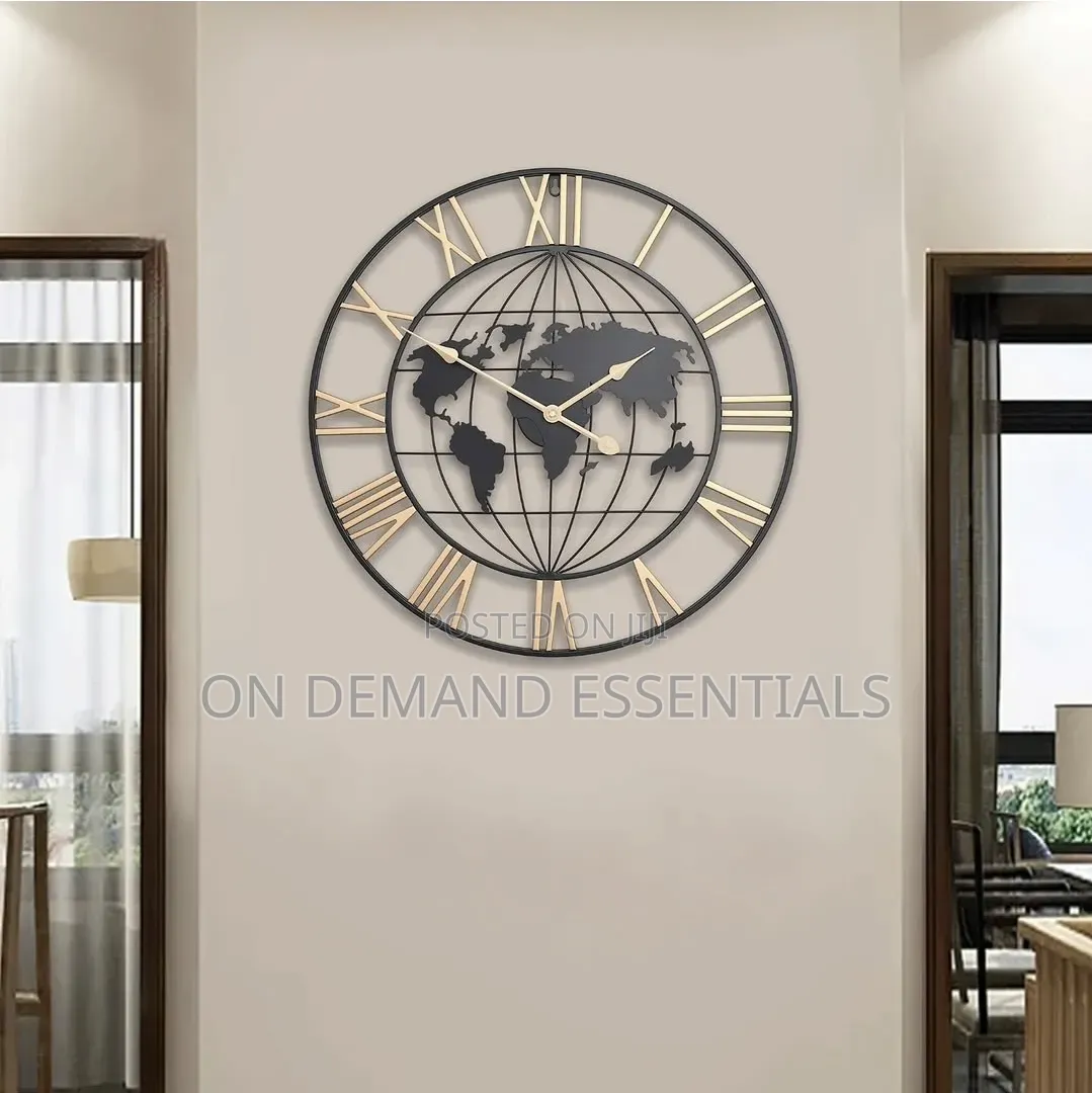 60cm Roman Numerals Metallic World Map Wall Clock