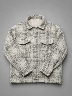 Men’s Casual Button-Up Jackets – Blue Plaid Cream Textured